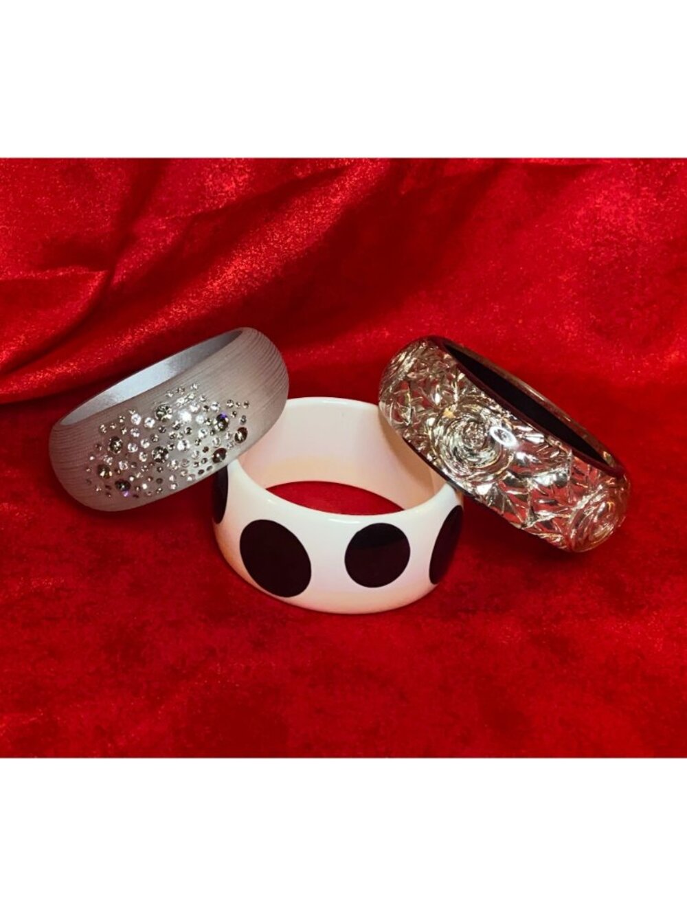 Retro Bangle Bracelet Lot Polka Dot Rhinestone Lucite Resin Set Of 3 Vintage - Picture 8 of 8